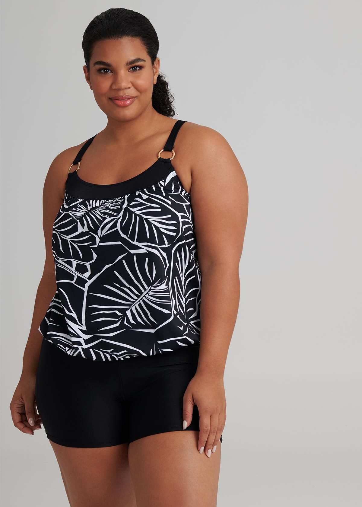 Shop Plus Size Bandeau Leaf Tankini in Black Taking Shape AU