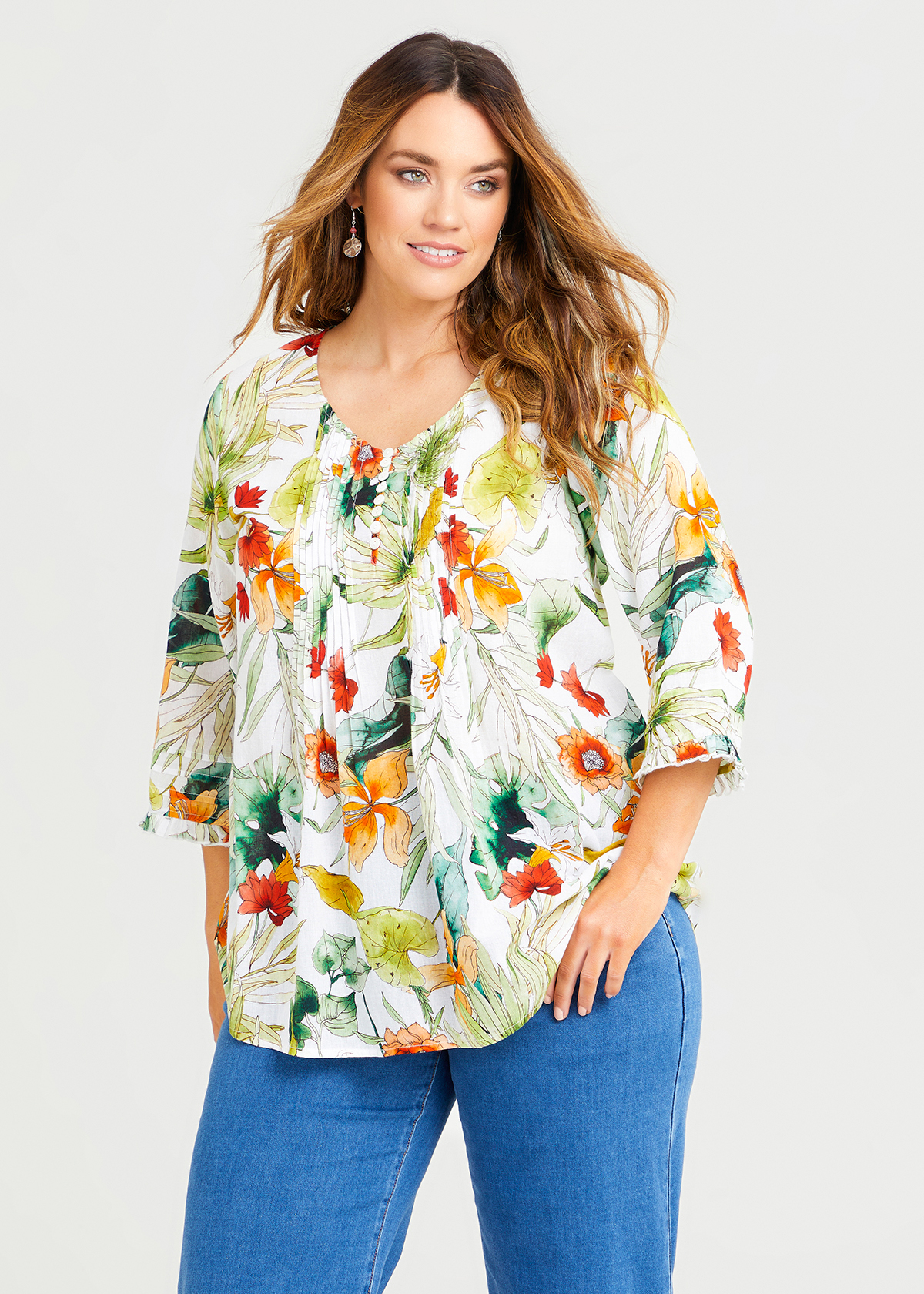 Shop Plus Size Cotton Tropical Pintuck Top in Multi | Taking Shape AU