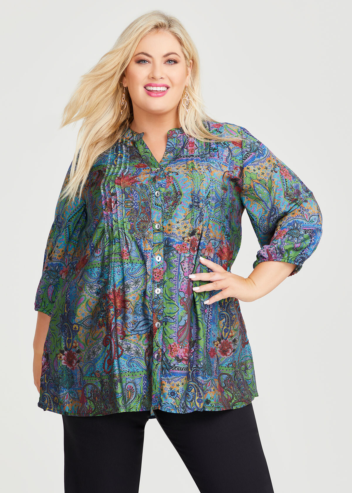 Shop Plus Size Paisley Tuck Natural Shirt in Green | Taking Shape AU