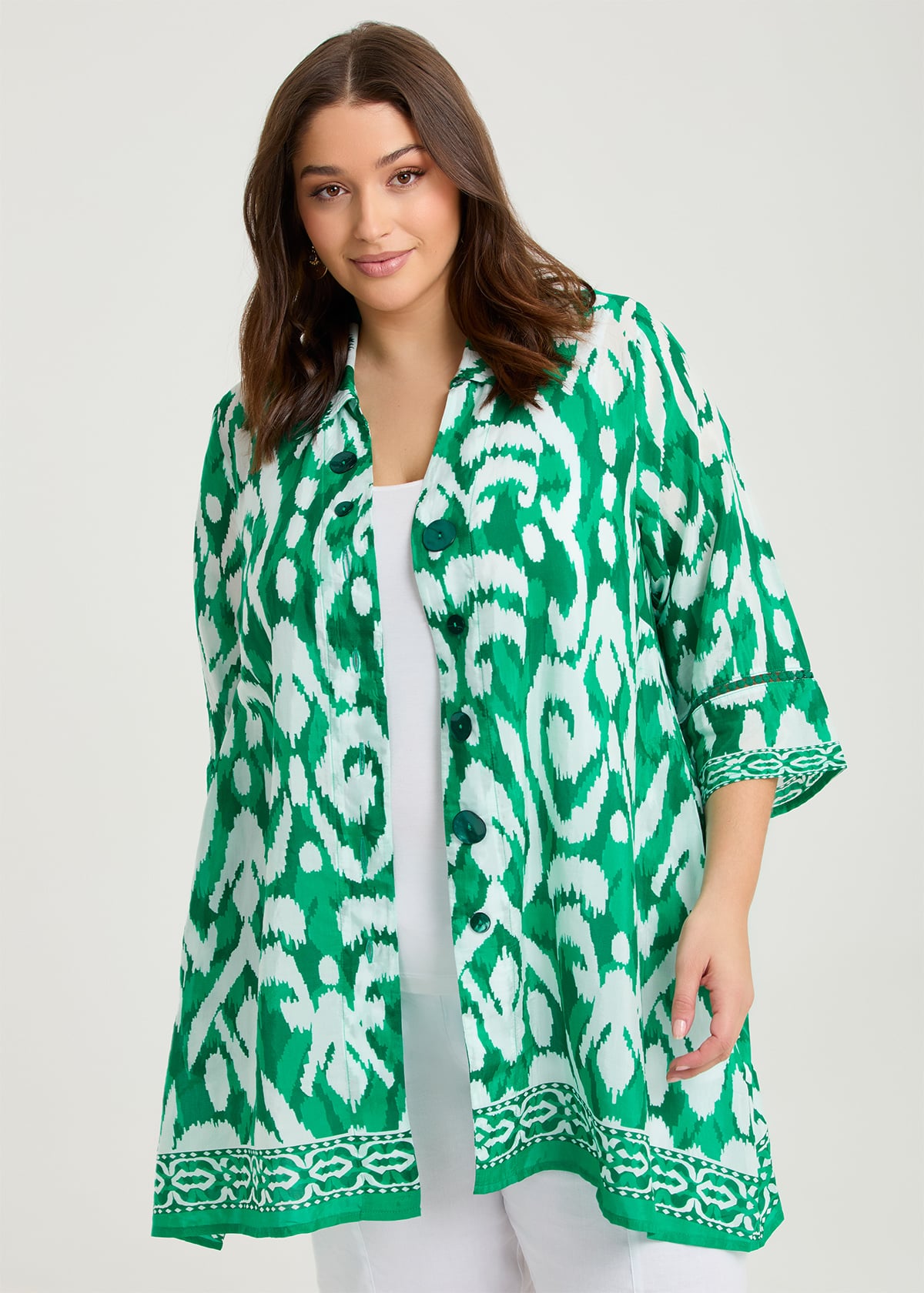 Taking Shape Ikat Border Natural Shirt Size 24 in Green White Print, Natural Viscose - Plus Size Women's Tops & T Shirts