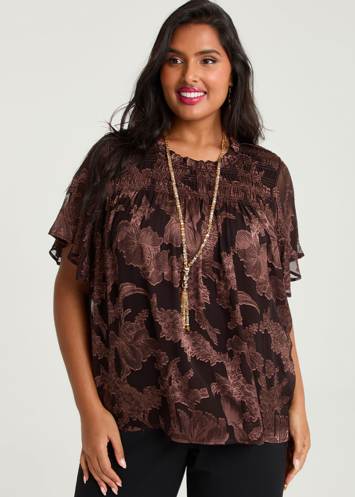 Shop Plus Size Rosa Jacquard Chiffon Shirred Top, Brown | Taking