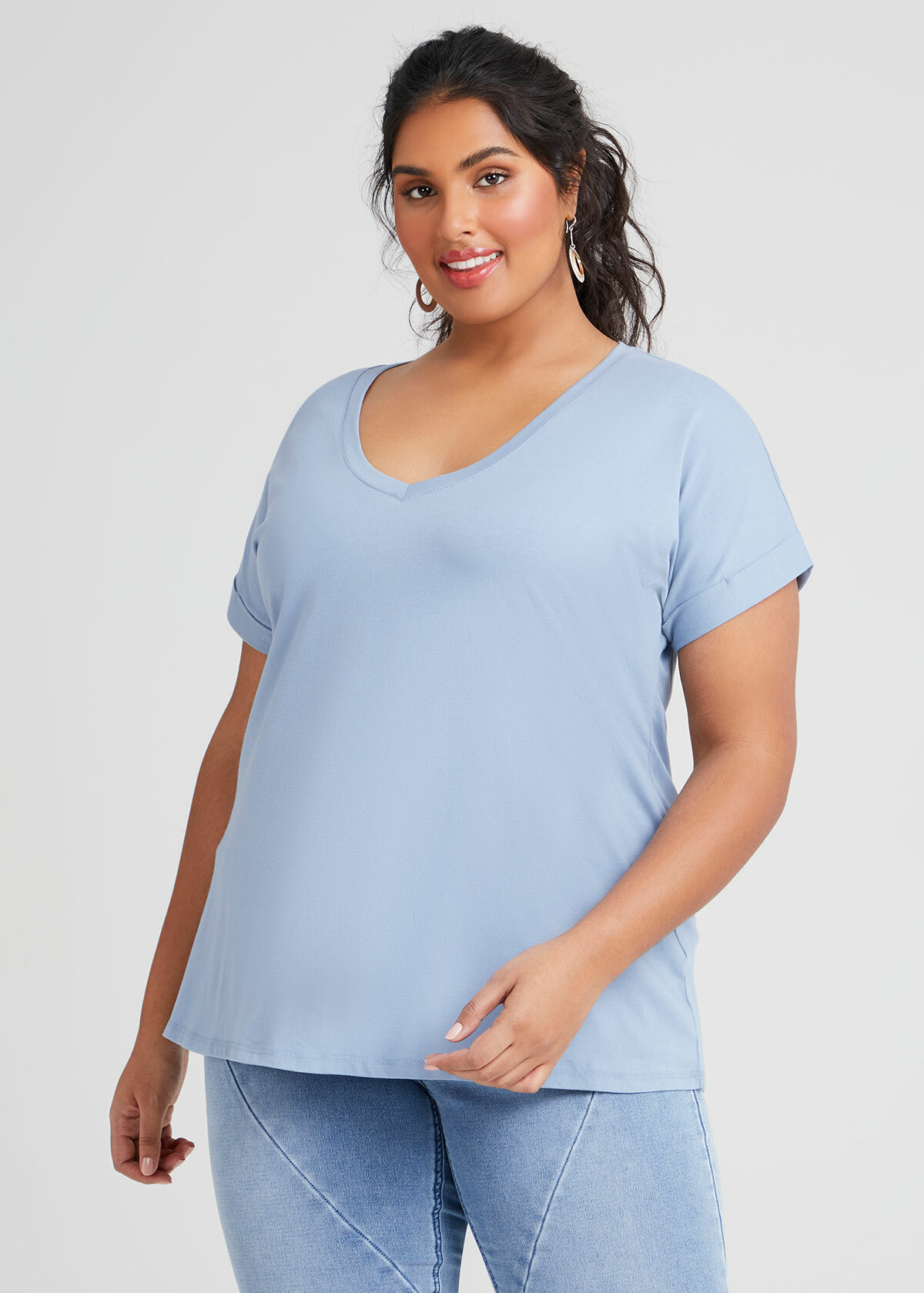 Organic Cuff V-neck Basic Tee in Blue in sizes 12 to 30 | Taking Shape UK