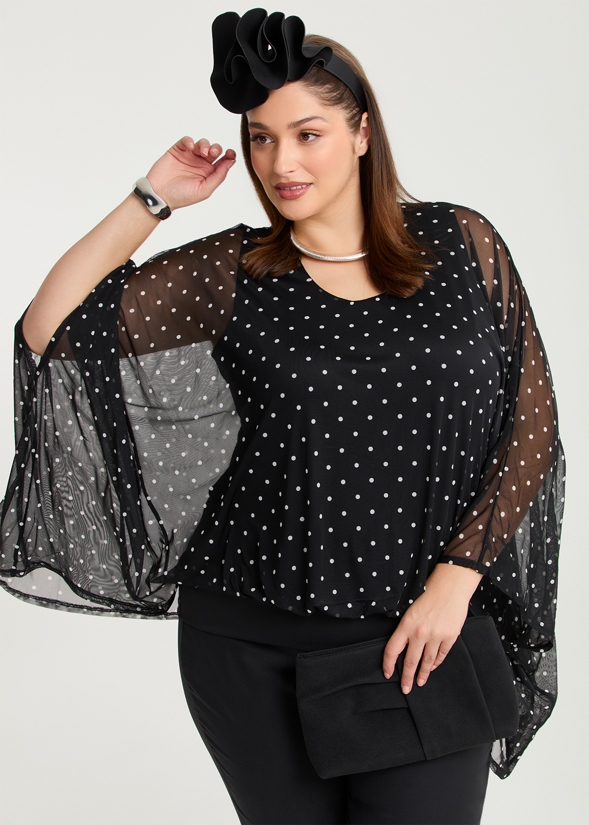 Taking Shape Polka Dot Mesh Party Top Size 10-12 in Black / White - Plus Size Women's Tops & T Shirts