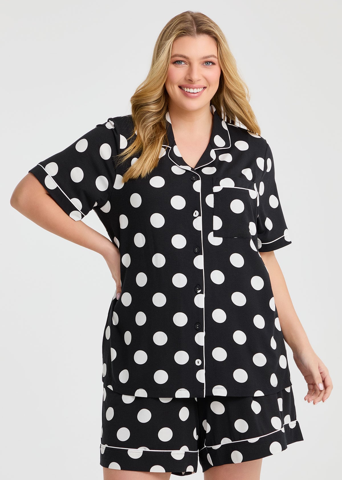 Taking Shape Modal Spot Button Pyjama Top Size 20 in Black / OFF White - Plus Size Women's Sleepwear