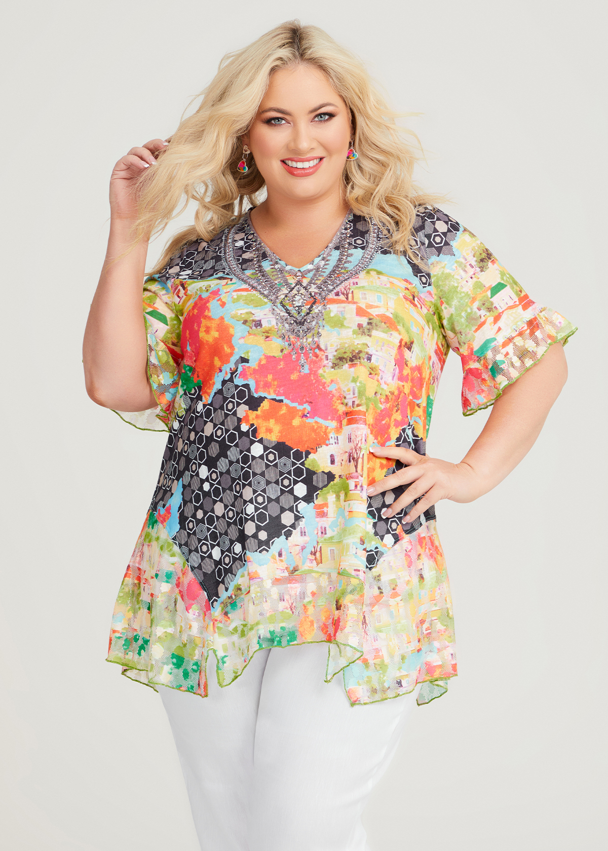 Shop Plus Size Sparkle & Mesh Ruffle Tunic in Multi | Sizes 12-30 ...