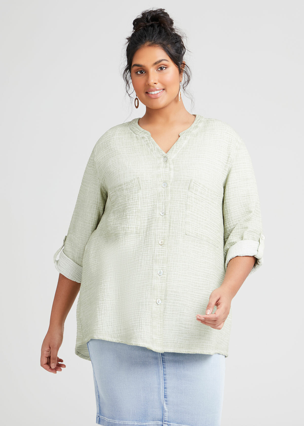 Shop Plus Size Cotton Double Gauze Cuff Top in Green | Sizes 12-30 ...