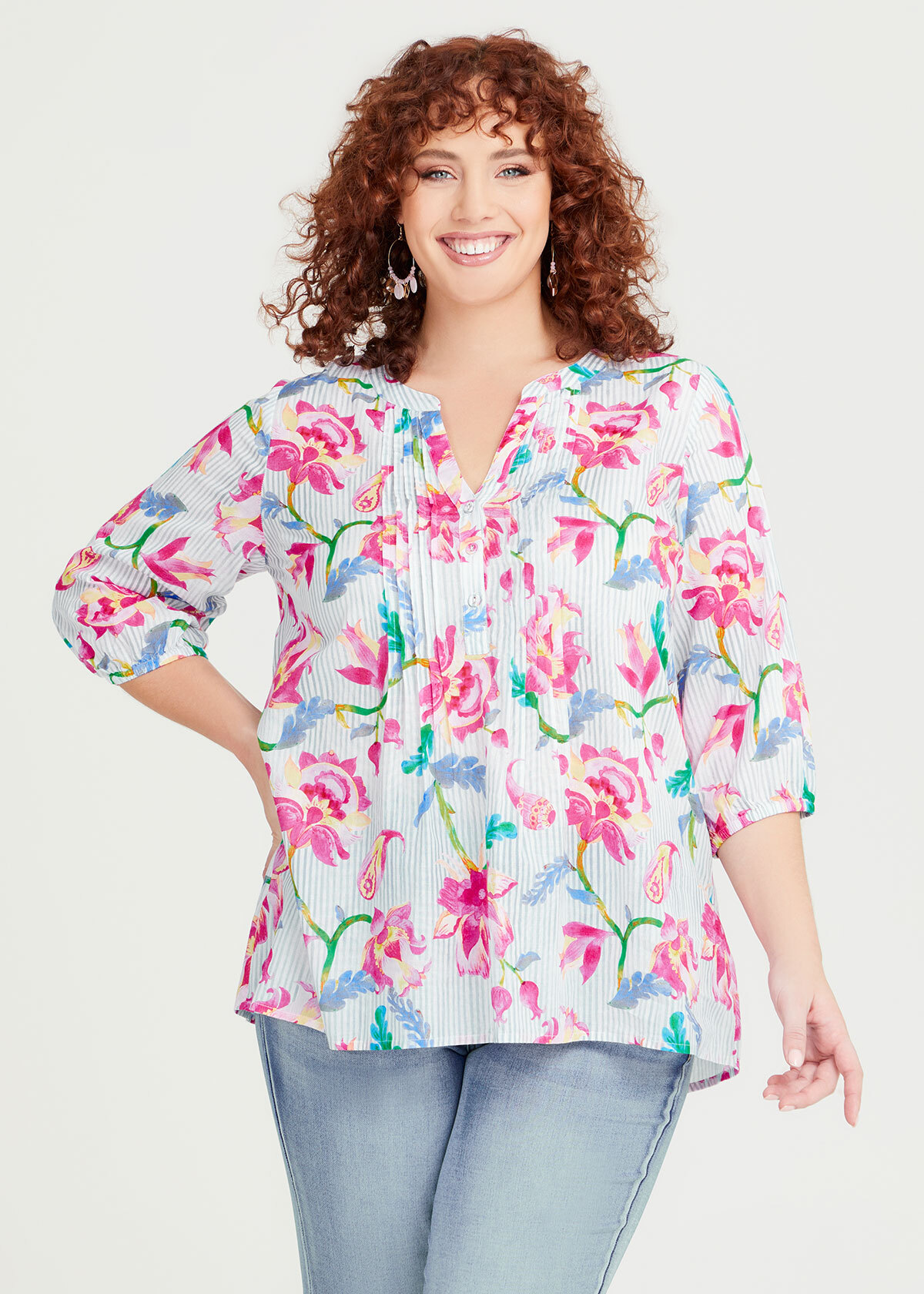 Shop Plus Size Cotton Pinstripe Floral Top in Multi | Taking Shape AU