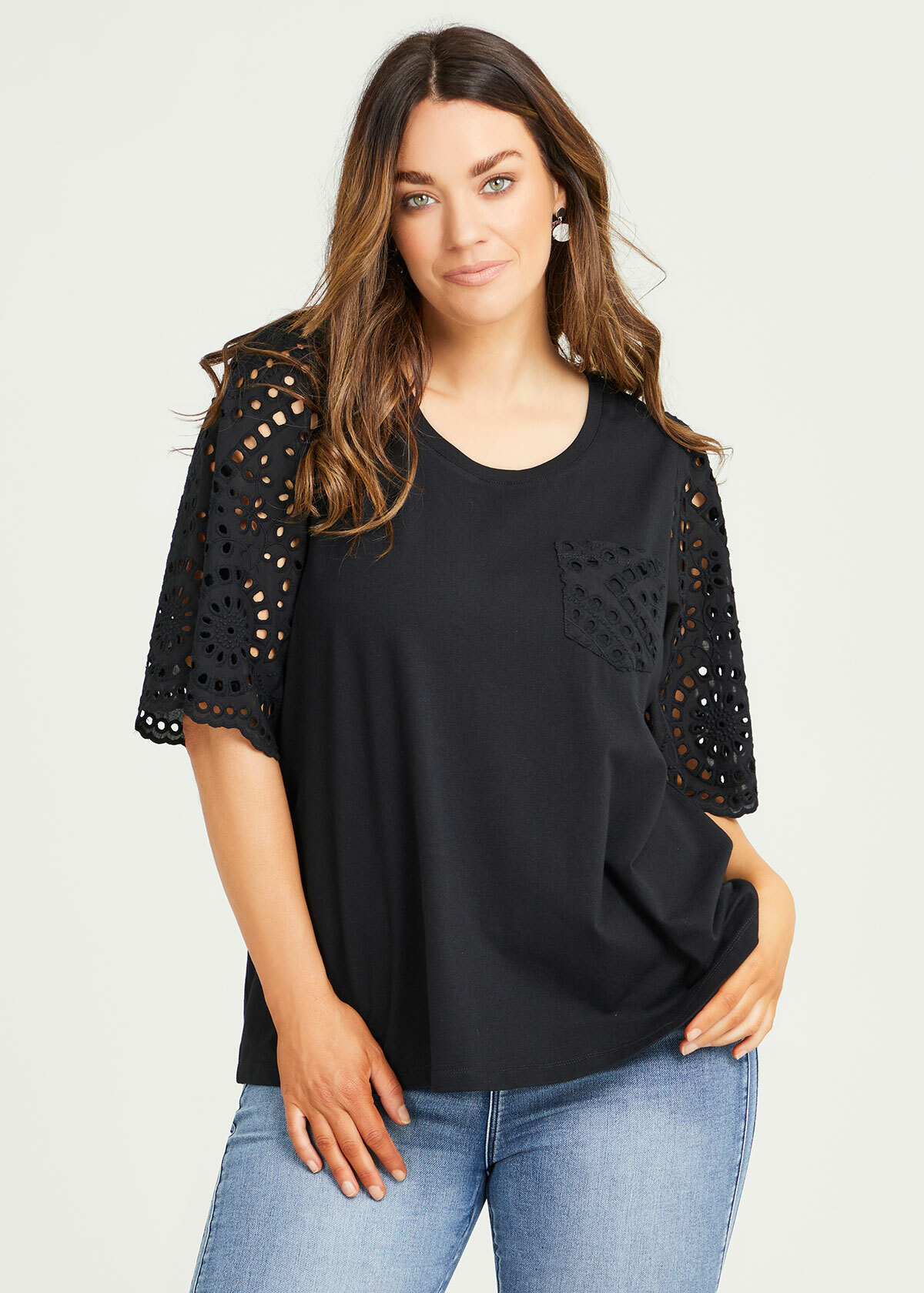 Shop Plus Size Cotton Broderie Pocket Top in Black | Taking Shape AU