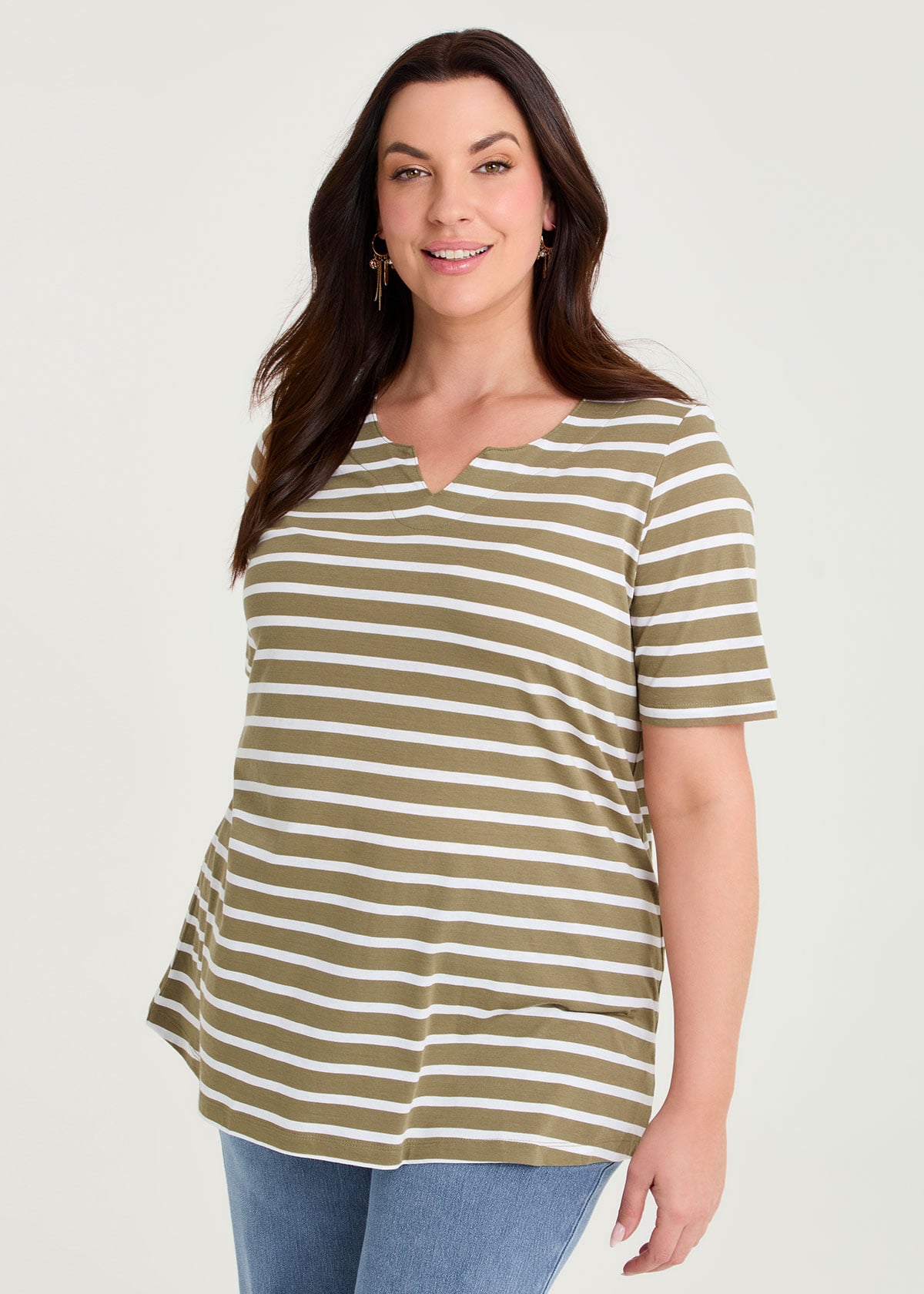 Taking Shape Cotton Notch Neck Top Size 24 in Khaki / White - Plus Size Women's Tops & T Shirts