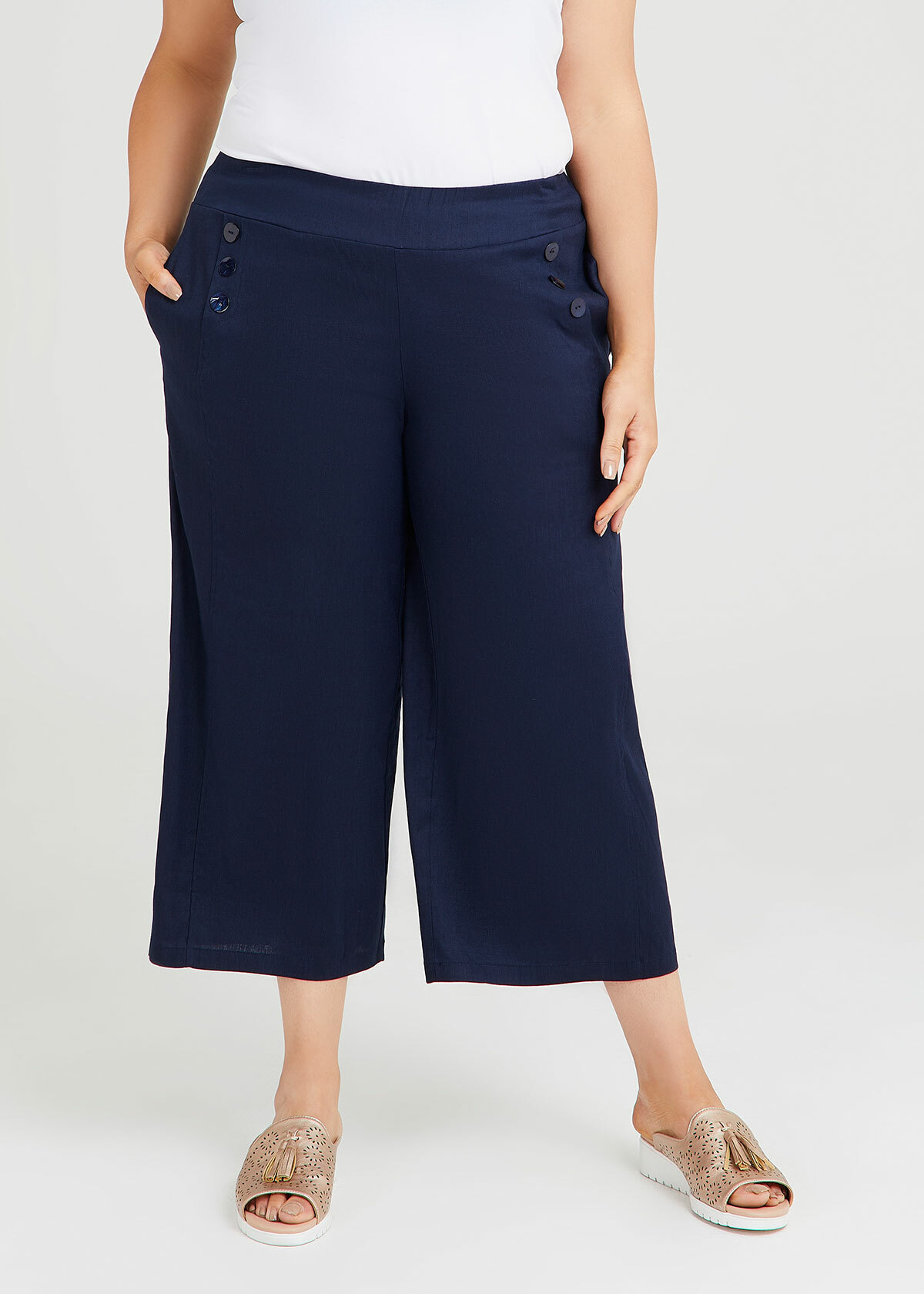 Shop Plus Size Linen Stretch Sailor Cullote Pant in Blue Taking Shape AU