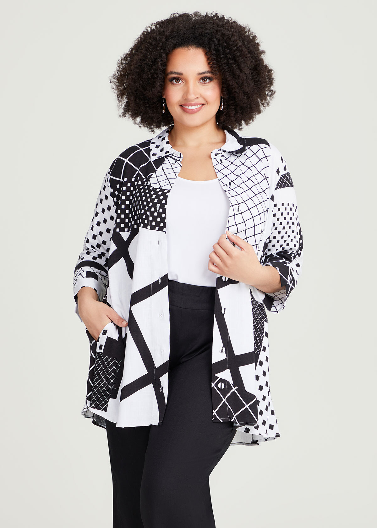 Shop Plus Size Mixed Check Natural Cuff Shirt in Black | Taking Shape AU