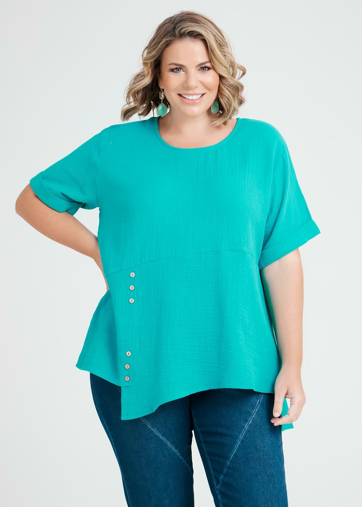 Shop Plus Size Cotton Double Gauze Button Top in Blue Taking Shape AU