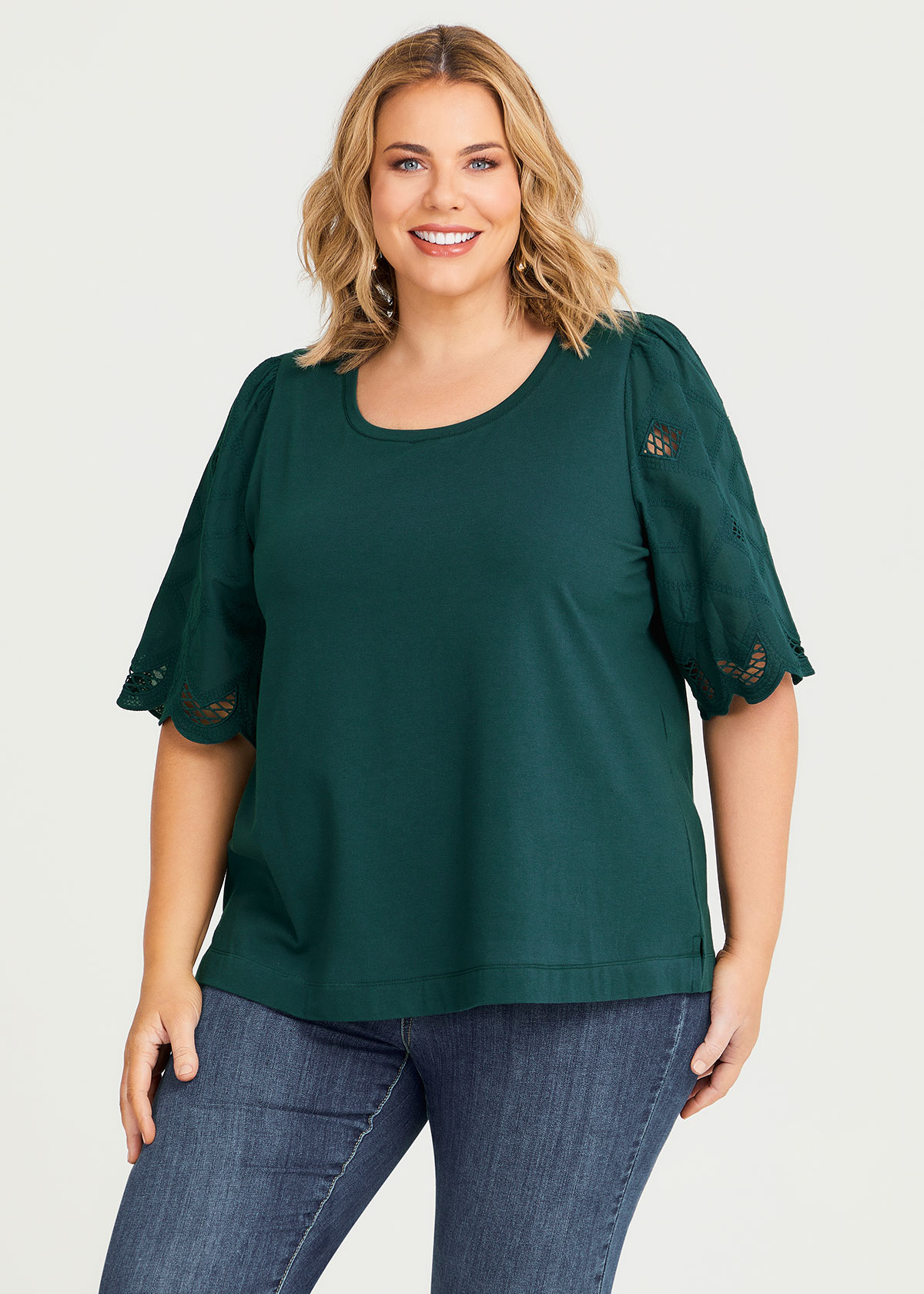 Shop Plus Size Cotton Embroidery Sleeve Top in Green | Taking Shape AU