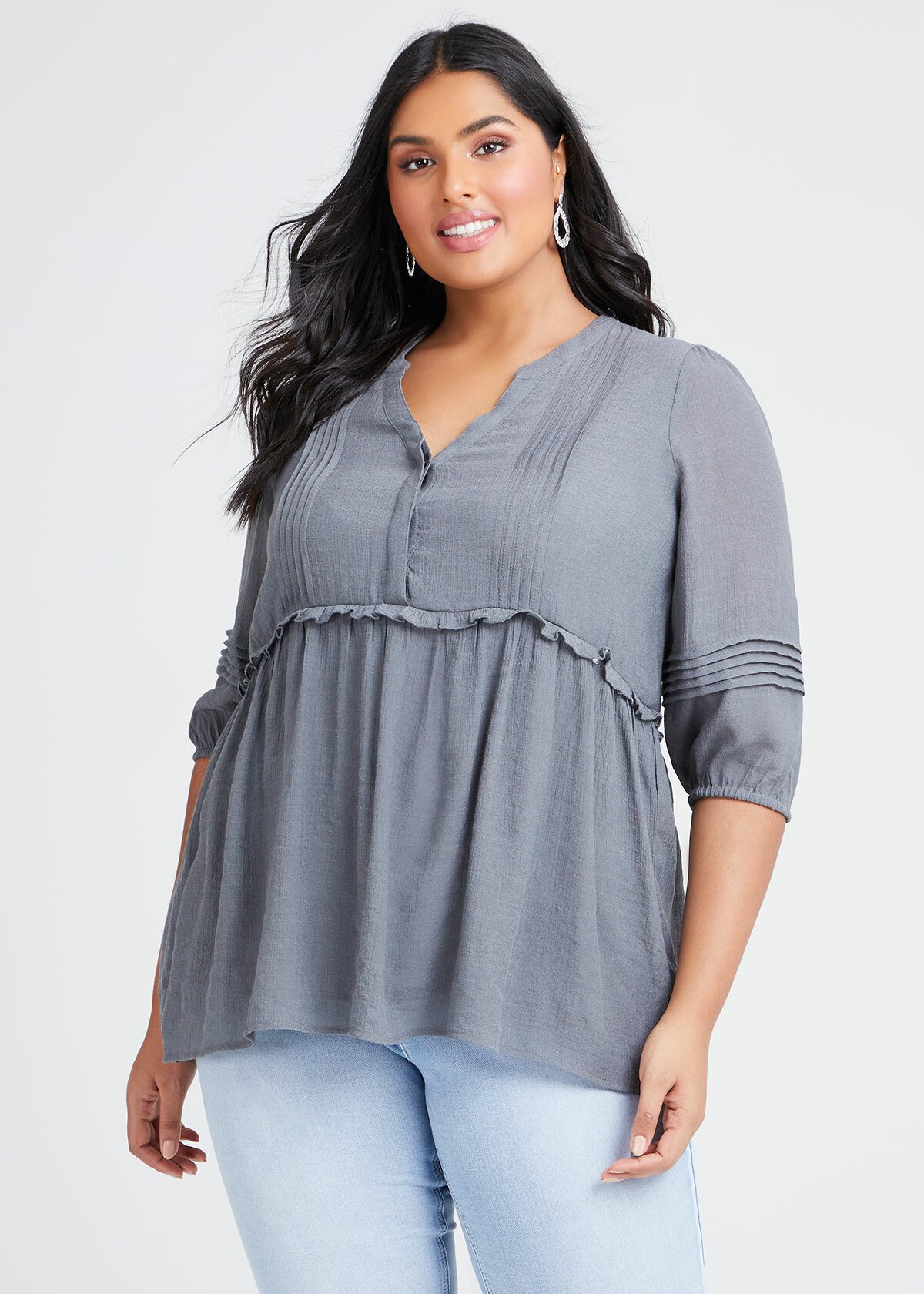 Shop Plus Size Natural 3/4 Sleeve Pintuck Top in Grey | Taking Shape AU