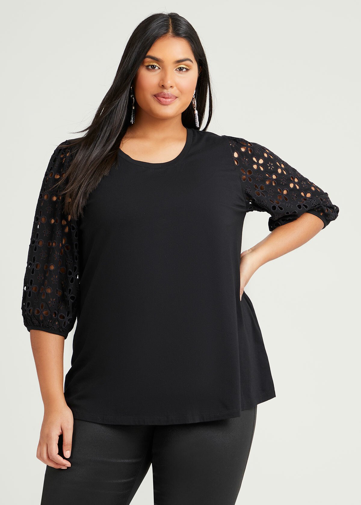 Shop Plus Size Organic Broderie Sleeve Top in Black | Taking Shape AU