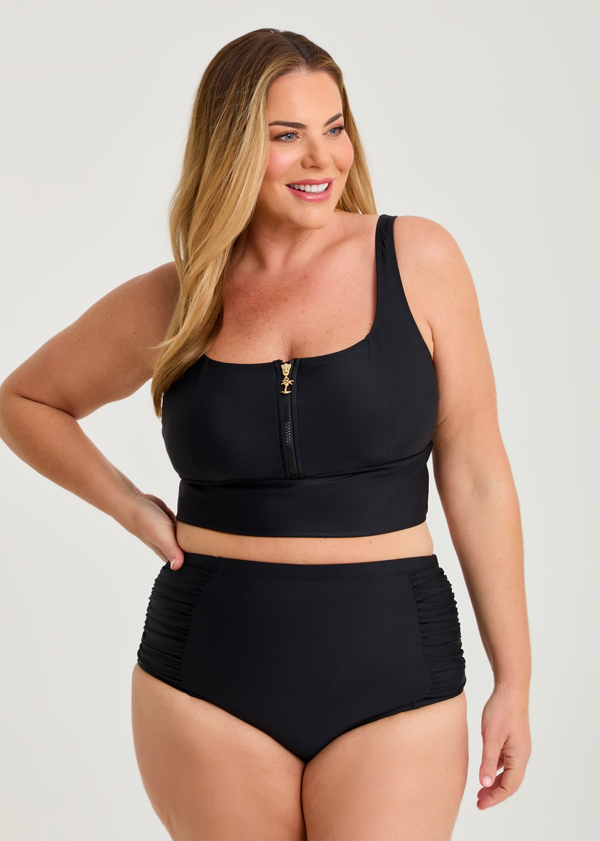 Taking Shape Crop Zip Detail Swim Top Size 22 in Black - Plus Size Women's Swimwear