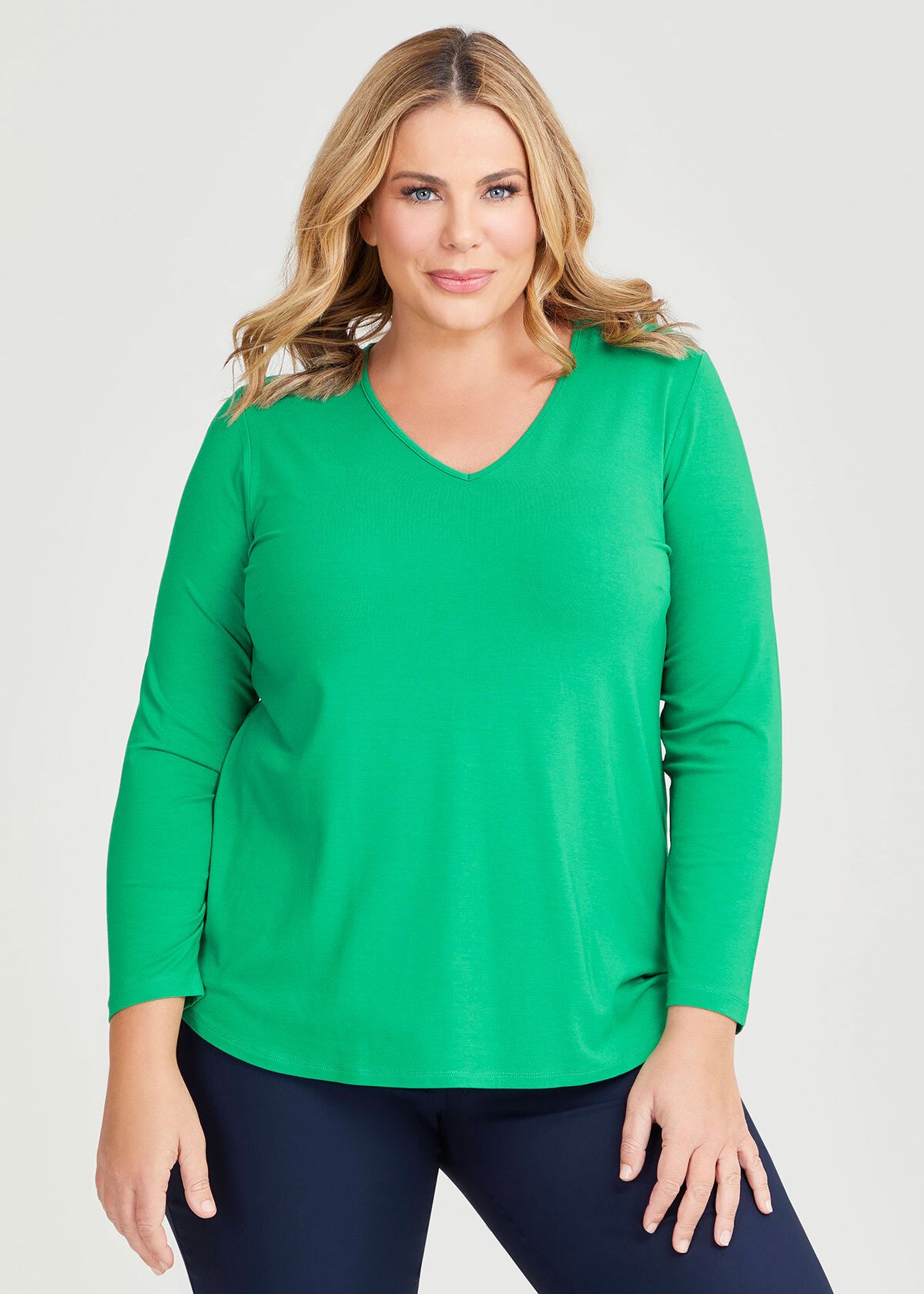 Shop Plus Size Natural Everyday V-neck Long Sleeve Top in Green | Sizes ...