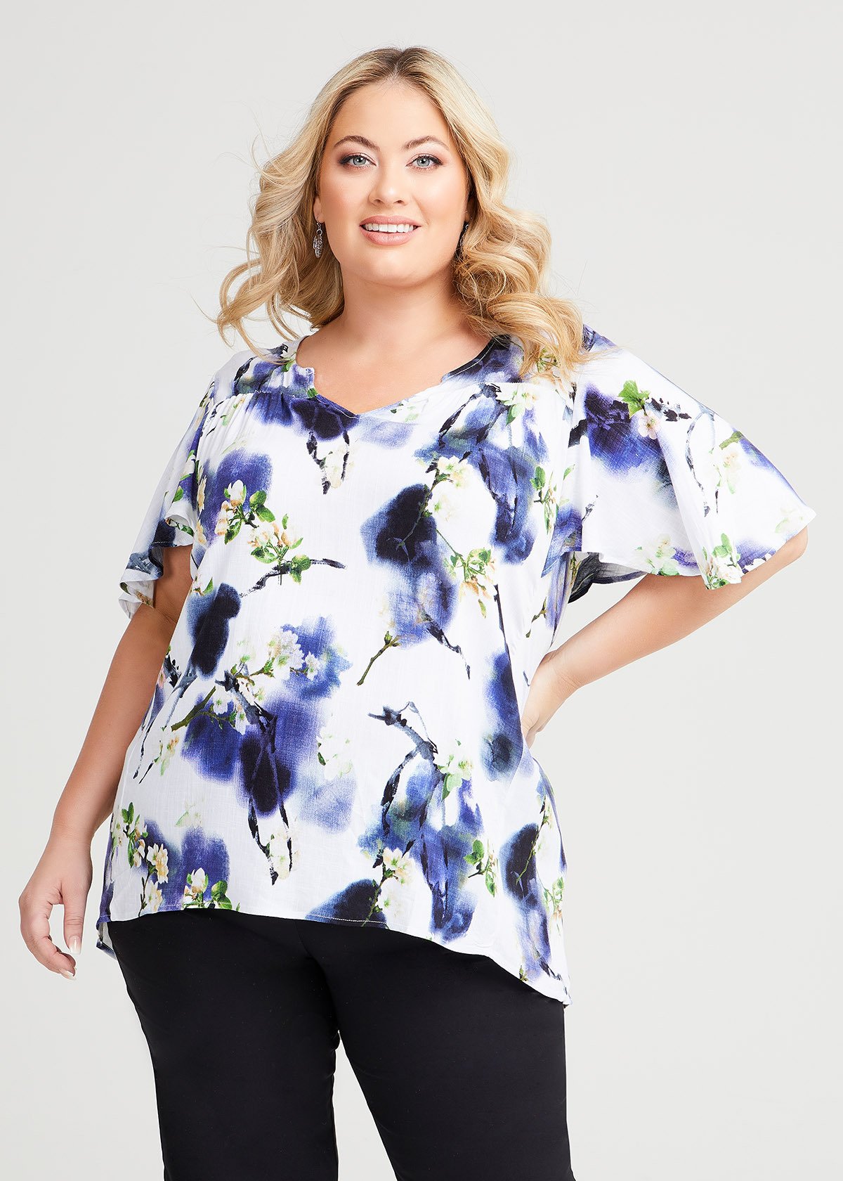 Shop Plus Size Floral Flutter Sleeve Top in Blue | Taking Shape AU