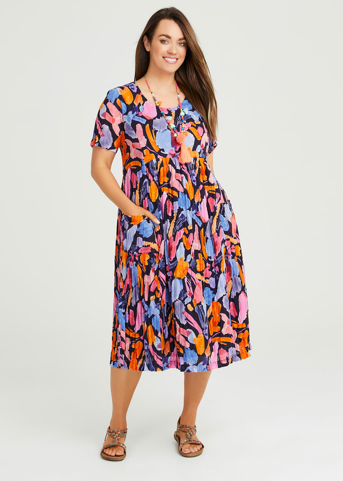 Shop Plus Size Cotton Abstract Watercolour Dress in Multi Taking Shape AU
