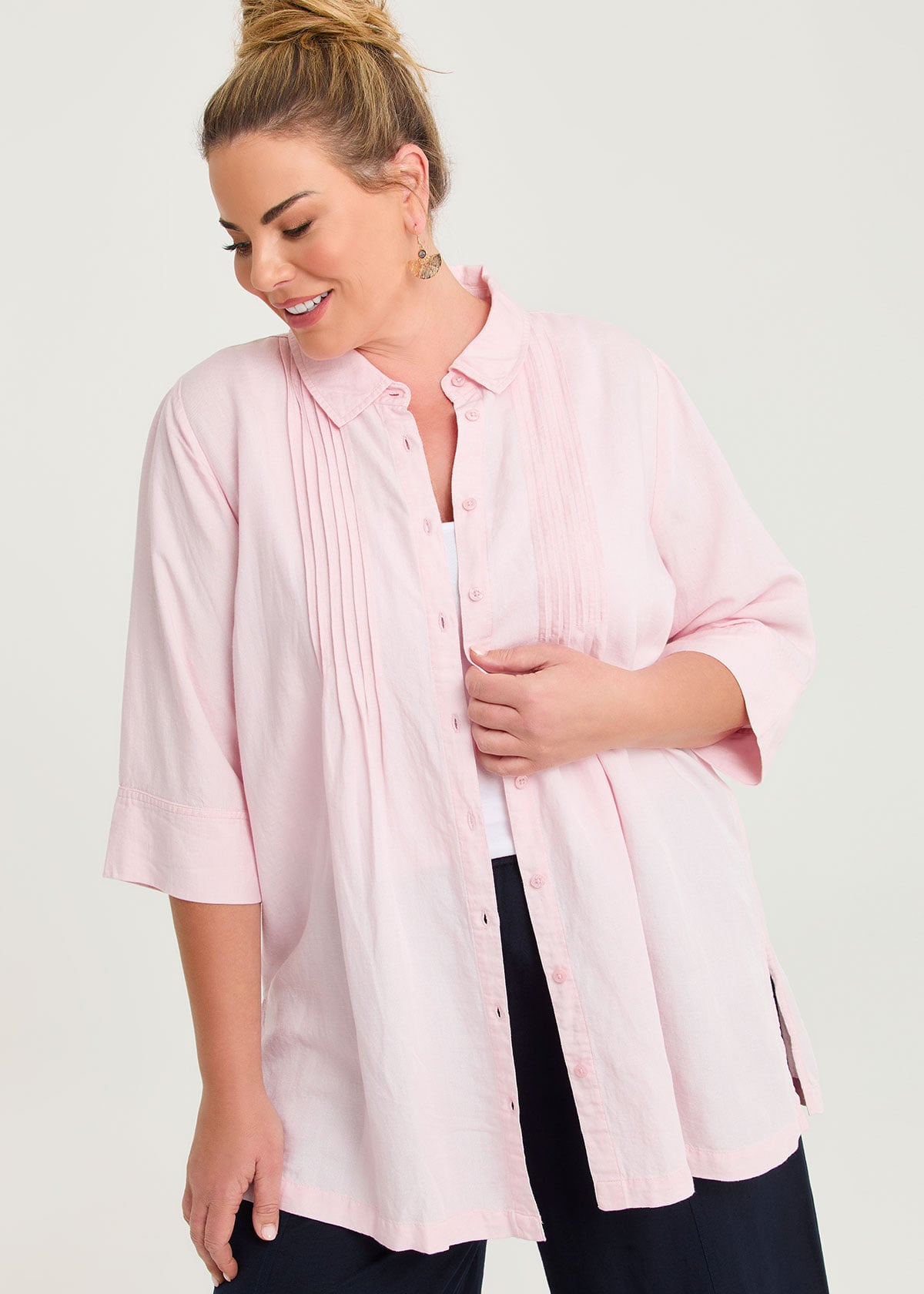 Taking Shape Linen Blend Pintuck Detail Shirt Size 16 in Chalk Pink - Plus Size Women's Tops & T Shirts