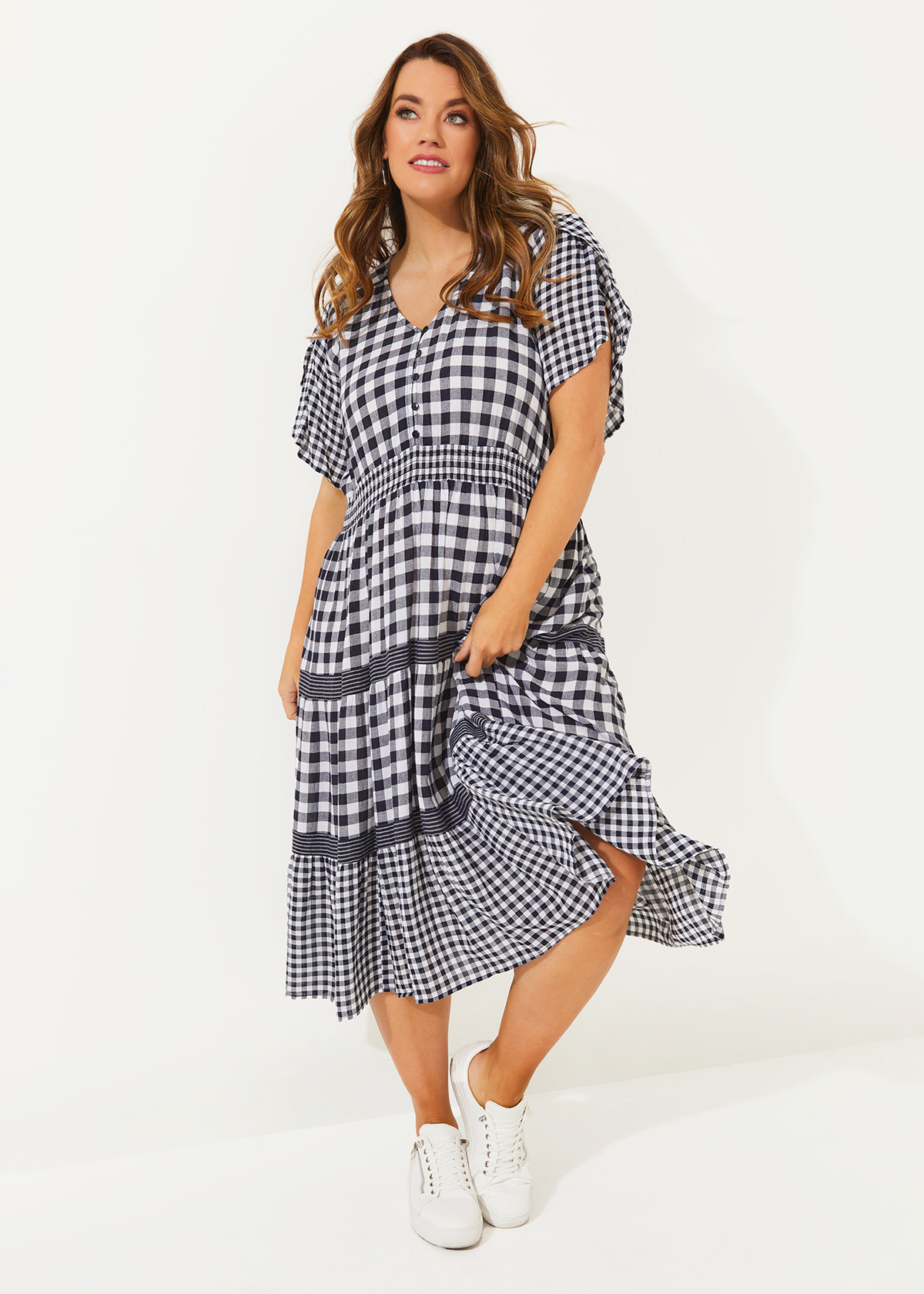 Shop Plus Size Natural Gingham Mix Dress in Blue | Taking Shape AU