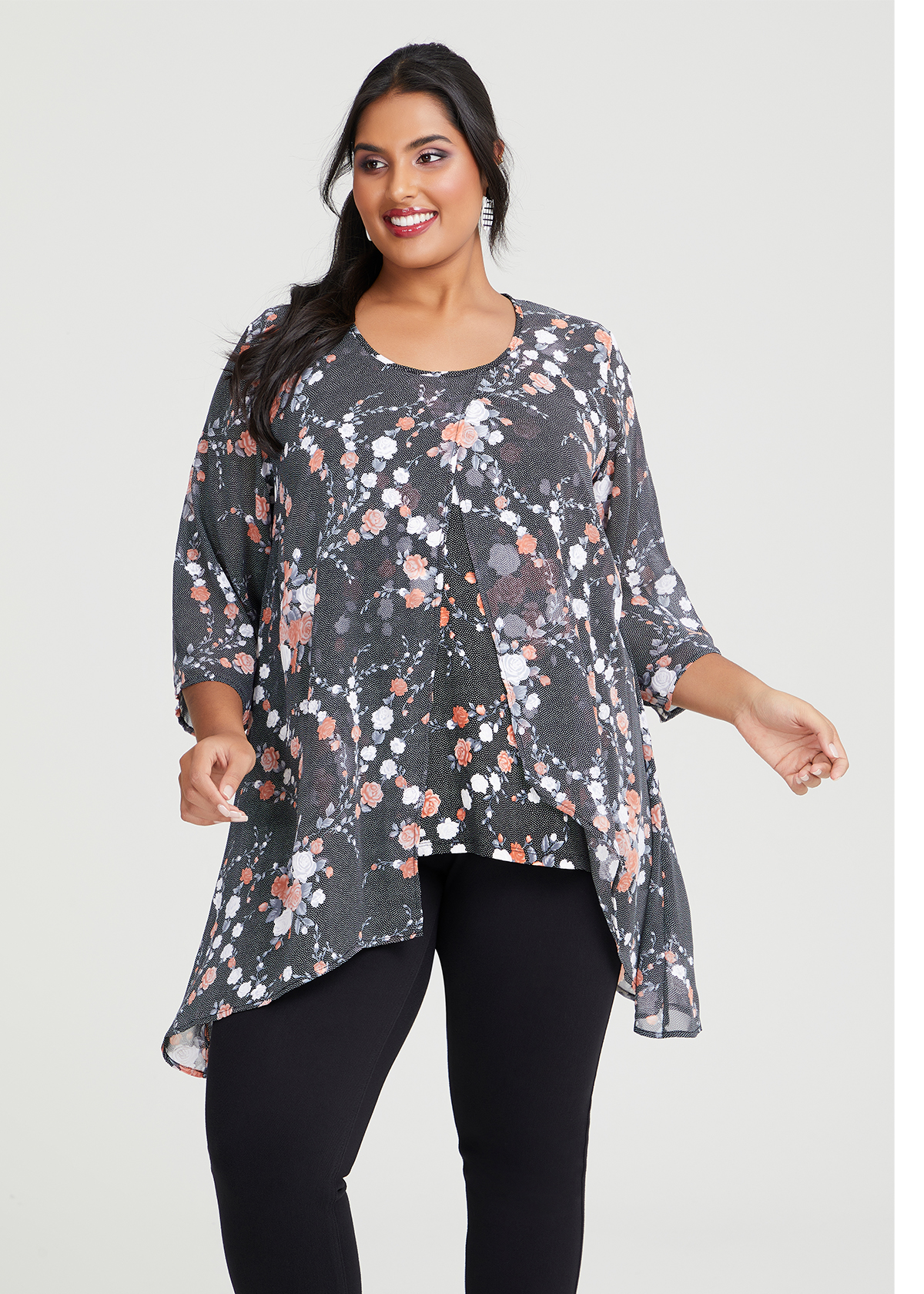 Shop Plus Size Chiffon Overlay Floral Tunic in Black | Taking Shape AU