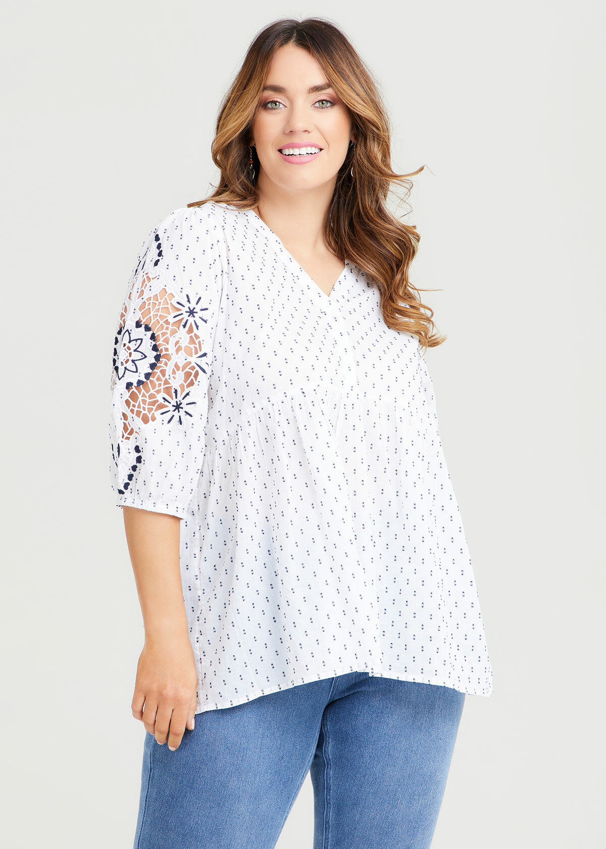 Shop Plus Size Cotton Embroidery Sleeve Top, White | Taking Shape AU