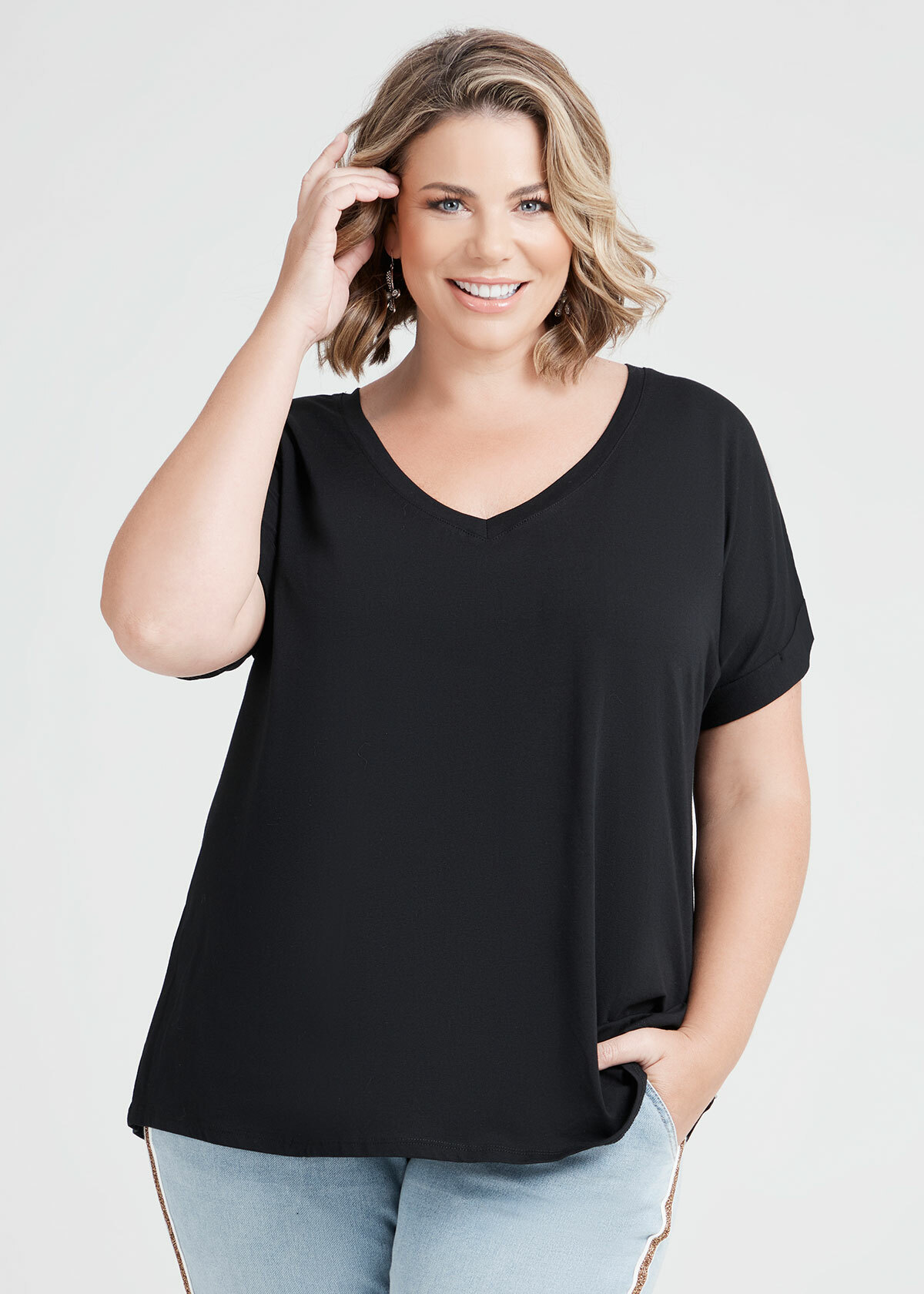 Shop Plus Size Organic Cuff V-neck Basic Tee in Black | Sizes 12-30 ...