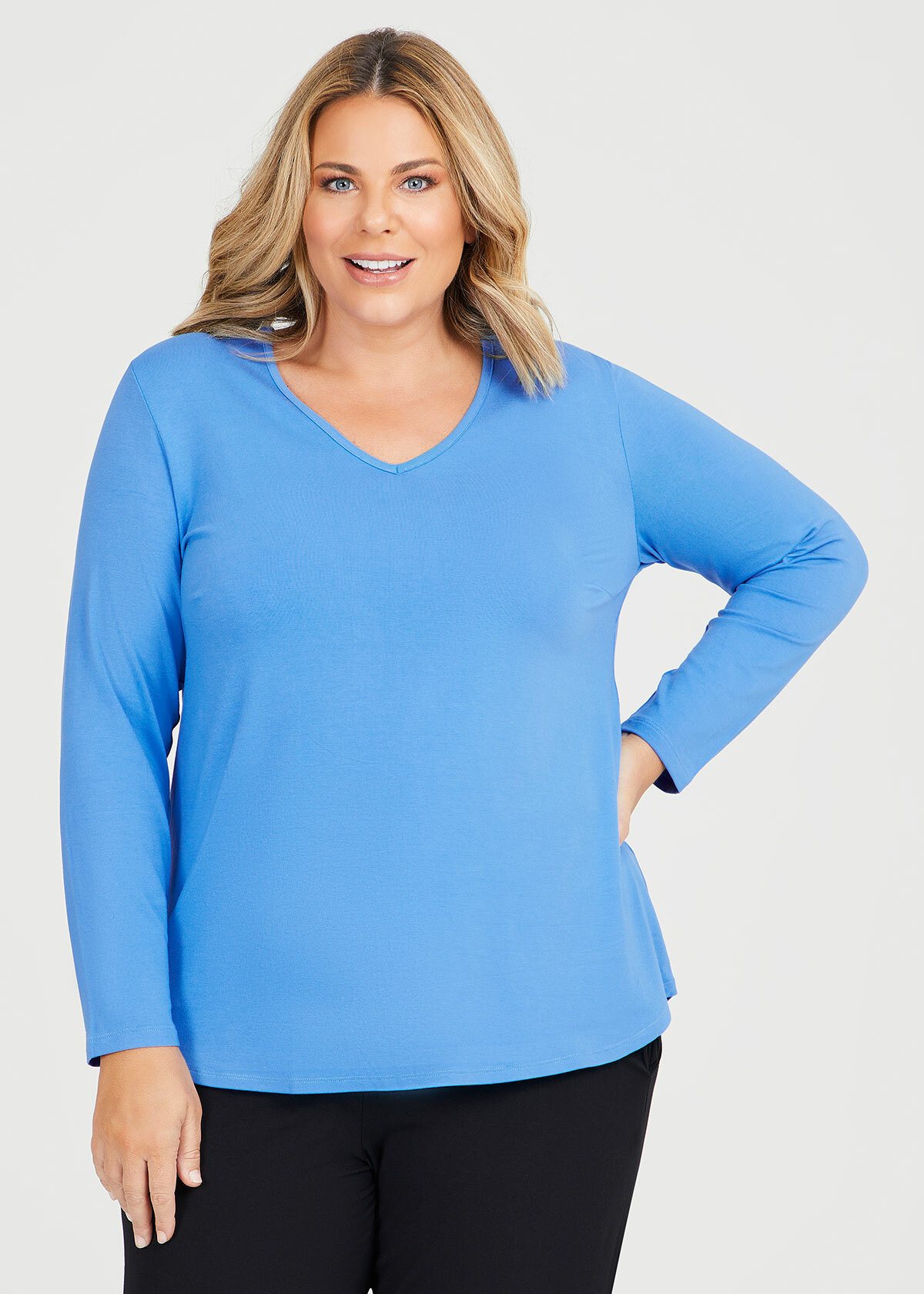 Shop Plus Size Natural Everyday V-neck Long Sleeve Top in Blue | Sizes ...