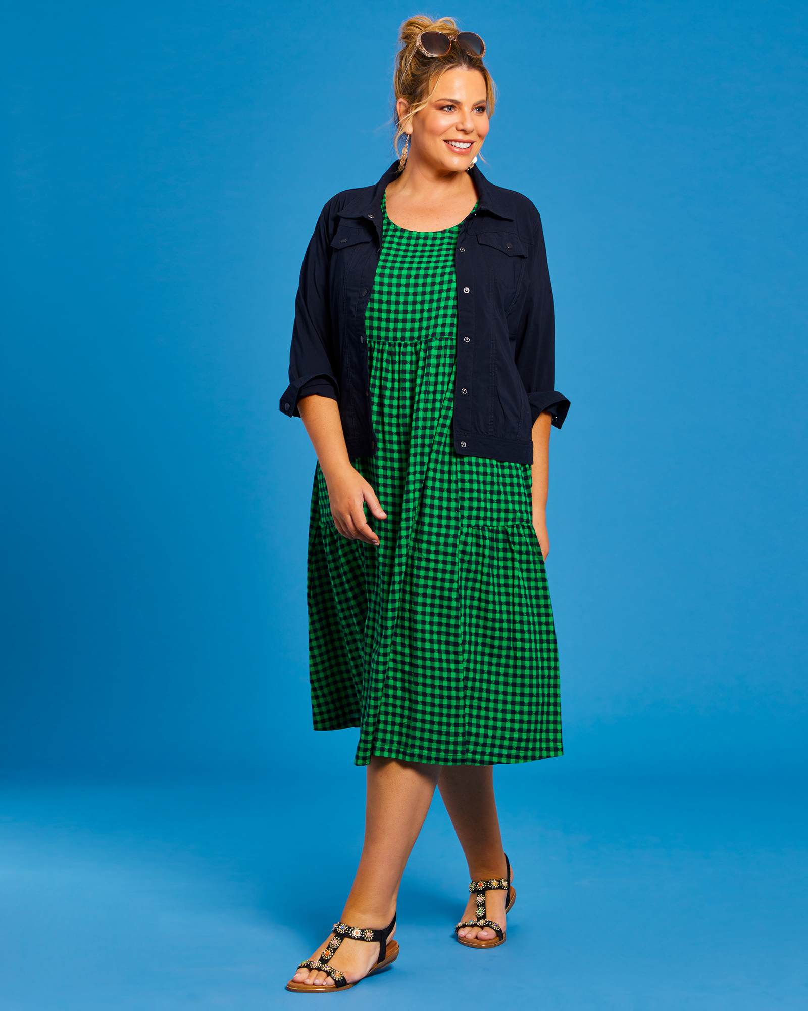 plus size green gingham dress Green Plus Size Geometric Print Pocketed Ruffle Hem Casual Dress – Blue  Zone Planet