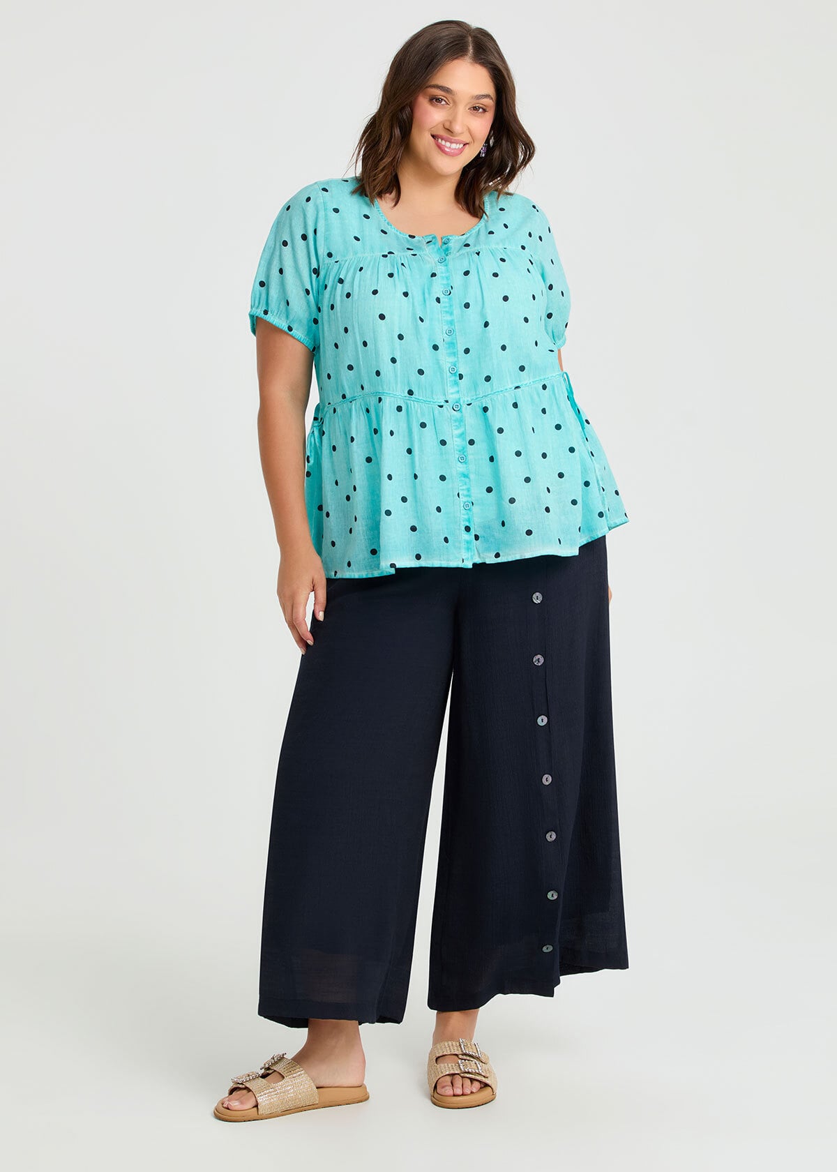 Natural Buttoned Wide Leg Pant