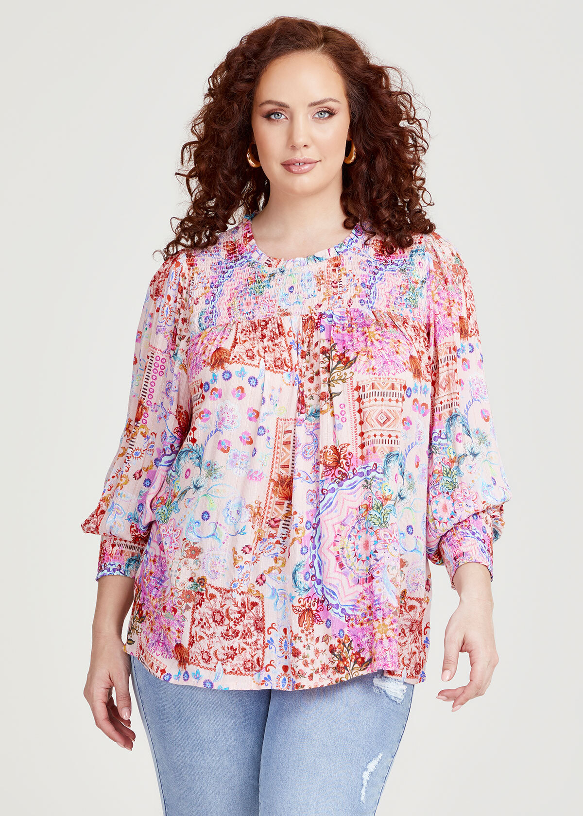 Shop Plus Size Natural Shirred Yoke Lurex Top in Multi | Taking Shape AU