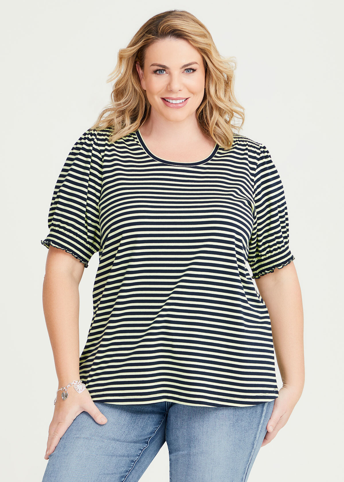 Shop Plus Size Cotton Shirred Stripe Top in Blue | Taking Shape AU