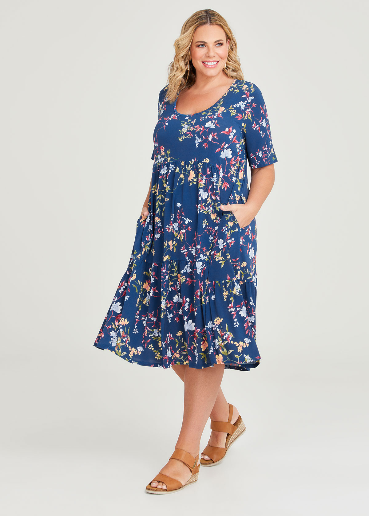 Shop Plus Size Fleur Print Tier Dress in Blue | Taking Shape AU