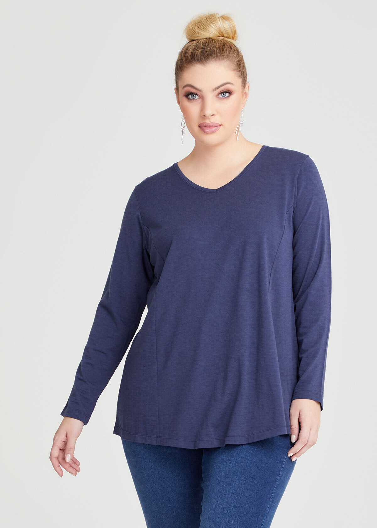 Shop Plus Size Wool Bamboo V-neck Top in Blue | Taking Shape NZ