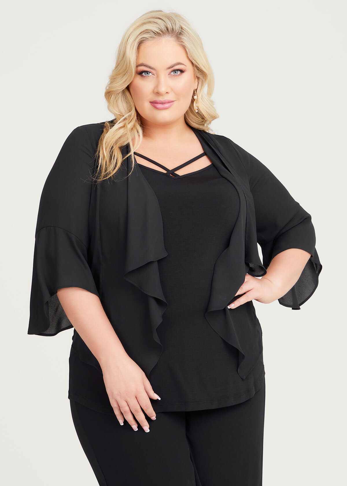 Shop Plus Size Waterfall Short Chiffon Shrug in Black | Taking Shape AU