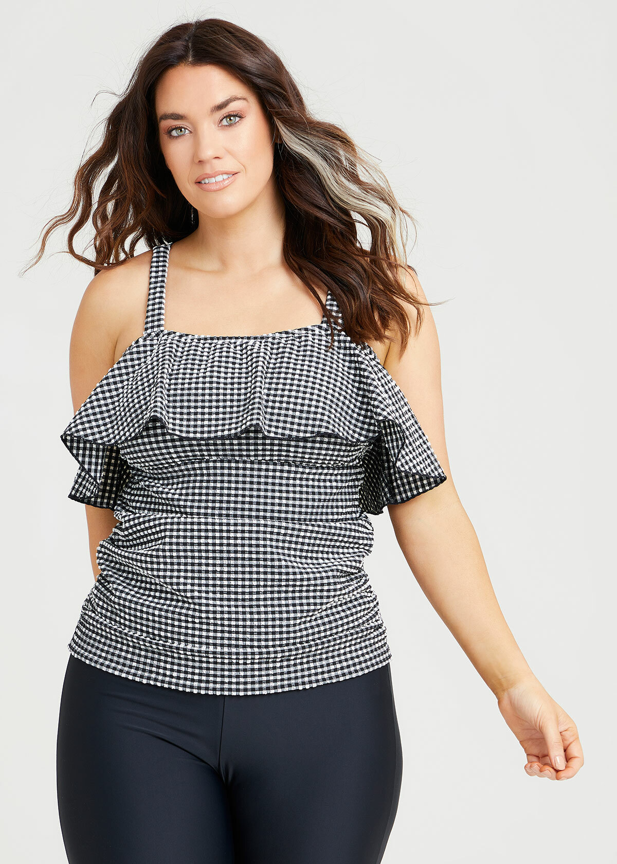 Shop Plus Size Gingham Off Shoulders Tankini Top in Multi Sizes 1230